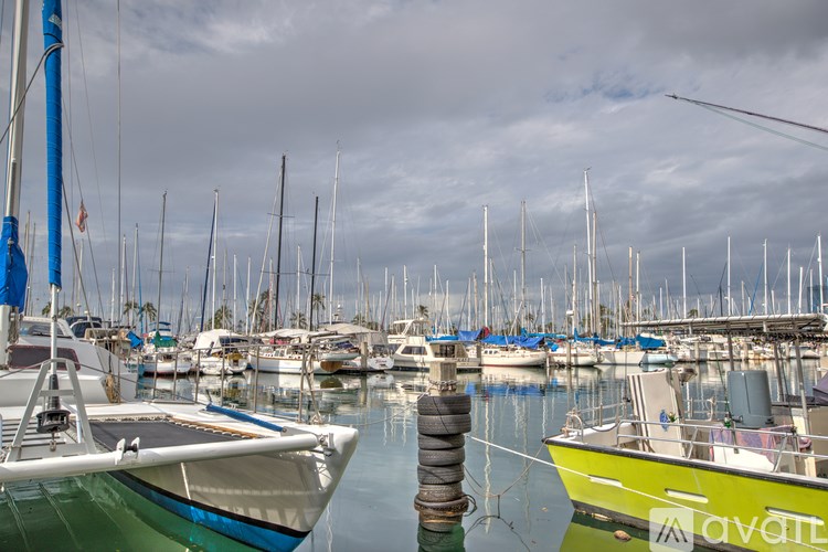 A marina with boats docked and a cloudy sky overhead.
