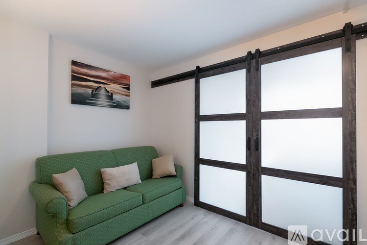 A green couch with two pillows sits in front of a wooden sliding door.