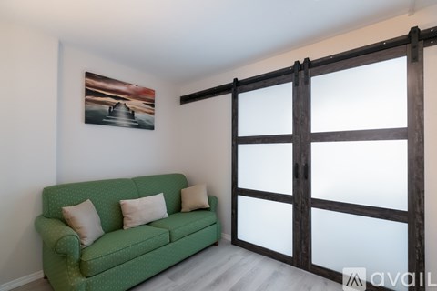 A green couch with two pillows sits in front of a wooden sliding door.