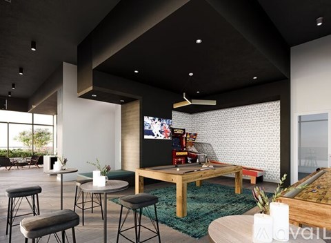 A modern living room with a wooden coffee table and a television.