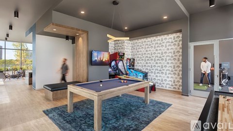 A man is playing pool in a room with a pool table.