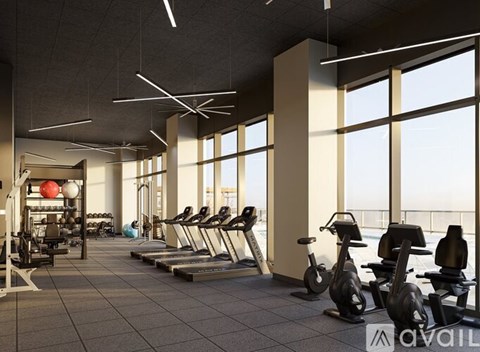 A gym with a row of exercise bikes and a row of treadmills.