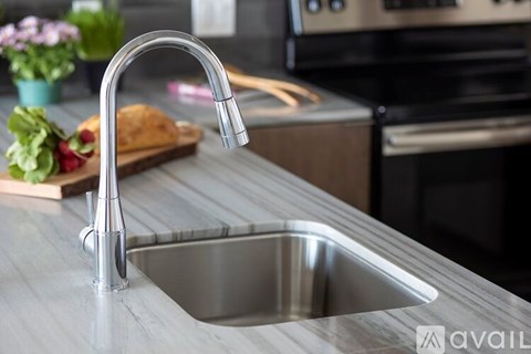 A modern kitchen sink with a chrome faucet.