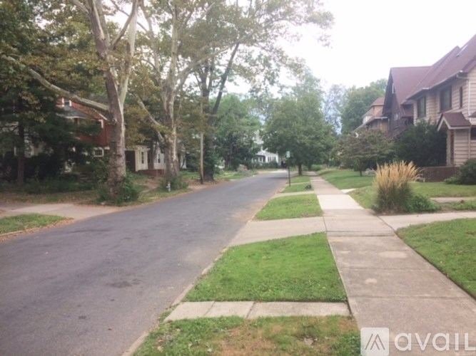 A residential street with houses on both sides and a sidewalk in the foreground.