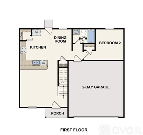 A floor plan of a house with a kitchen, dining room, two bedrooms and a 2-bay garage.