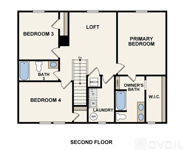 A floor plan of a two-story apartment with four bedrooms.