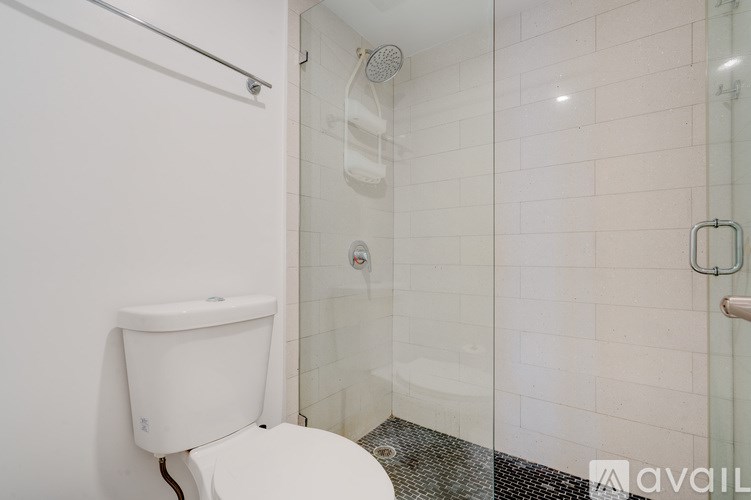A white toilet is next to a walk-in shower.