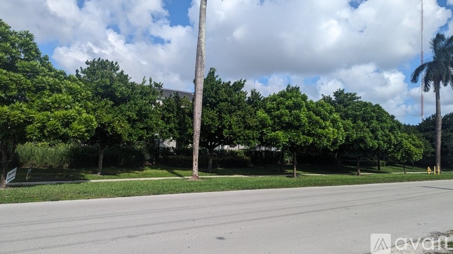A street with a sidewalk and trees on the side.