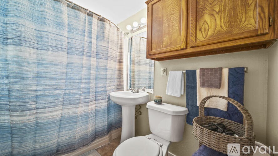 A bathroom with a white sink, toilet, and a blue shower curtain.