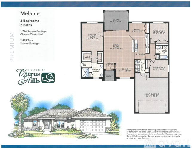 A house plan for a home named Melanie with 3 bedrooms and 2 baths.