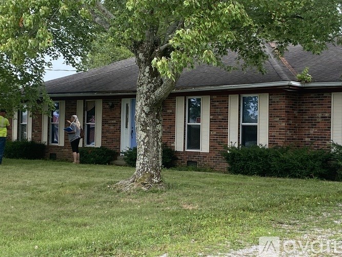 A tree in front of a brick house with two people standing outside.