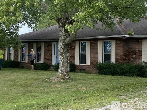 A tree in front of a brick house with two people standing outside.