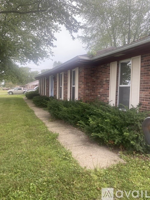 A brick house with a white window and a green bush in front.