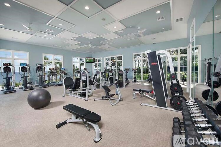 A spacious gym with a variety of equipment including treadmills, weights, and exercise balls.