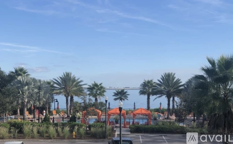 A view of a beach with palm trees and a clear blue sky.