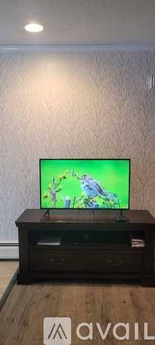 A flat screen TV is on a wooden stand.