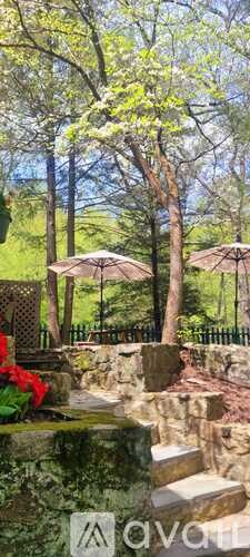 A garden with a stone wall and steps leading to a fountain.