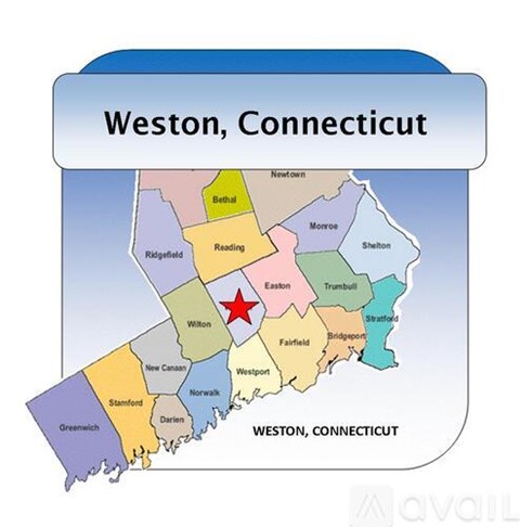 A map of Weston, Connecticut with various towns labeled and a red star marking a specific location.