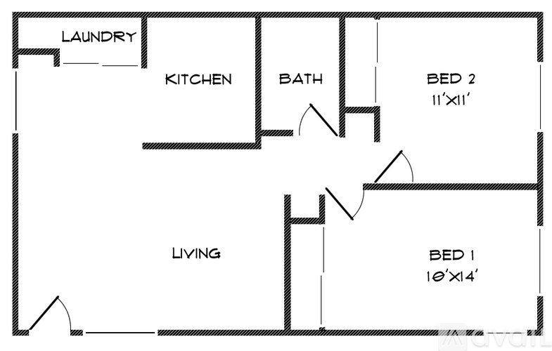 A floor plan of a small apartment with a living room, kitchen, bathroom, and two bedrooms.