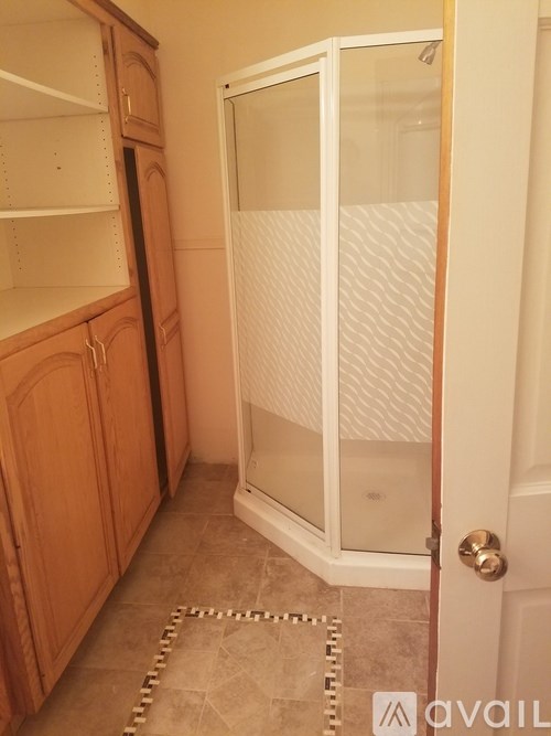 A white shower stall with a glass door is in a room with wooden cabinets.