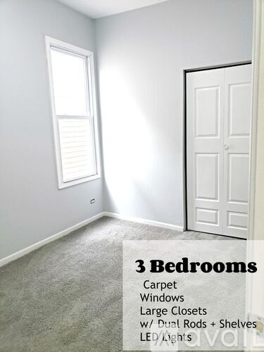 A room with 3 bedrooms, carpet, windows, large closets with dual rods and shelves, and LED lights.