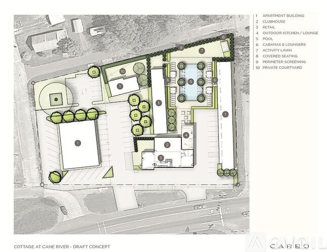 A draft concept of a Cottage at Canterbury River shows a layout with an Apartment Building, Clubhouse, Retail, Outdoor Kitchen/Lounger, Pool, Poolas & Loungers, Activity Lawn,
