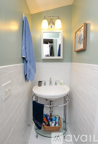 A bathroom with a white sink and a mirror above it.