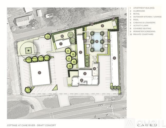 A draft concept for a Cottage at Canterbury River shows a layout with an Apartment Building, Clubhouse, Retail Space, Outdoor Kitchen/Lounger, Pool, Hot Tub & Loungers, Activity La