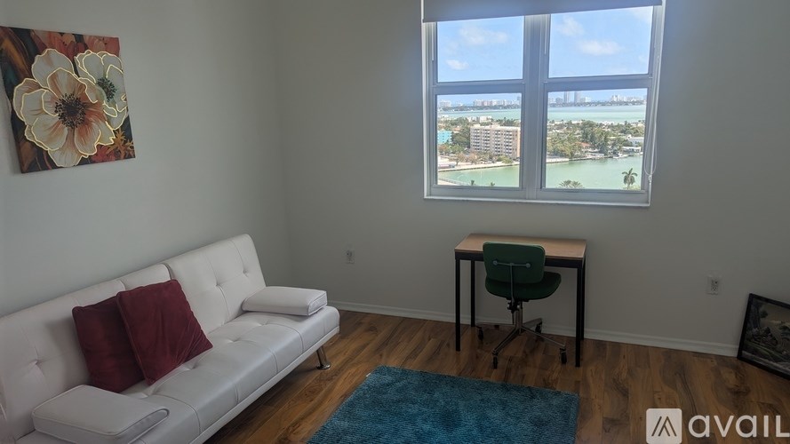 A living room with a white couch and a blue rug.