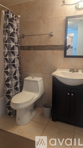 A bathroom with a toilet, sink, and shower curtain.
