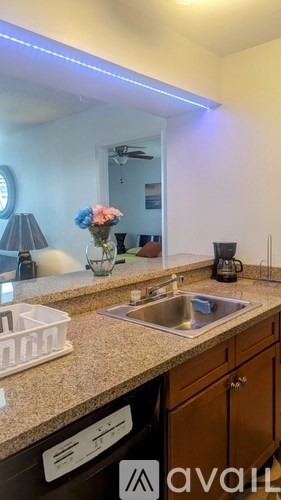 A kitchen with a sink, a counter, and a vase of flowers.