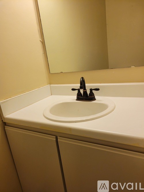A bathroom sink with a mirror above it.