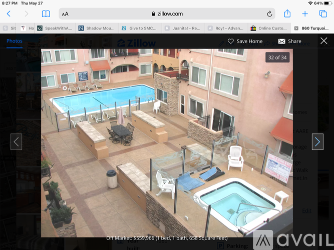 A webpage displays an image of a pool area with a sign indicating it is off the market.