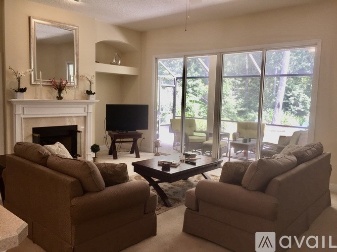 A living room with a fireplace, two couches, and a television.