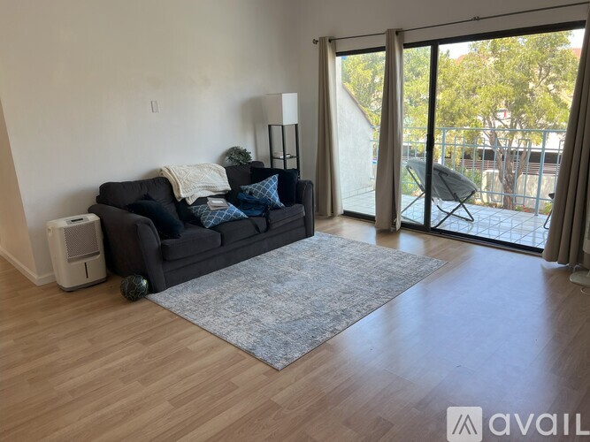 A living room with a grey rug, a black couch, and a sliding glass door.