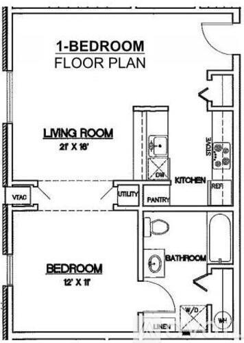 A 1-bedroom floor plan includes a living room, kitchen, pantry, and bathroom.