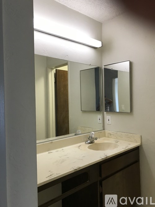 A bathroom with a sink and mirror.