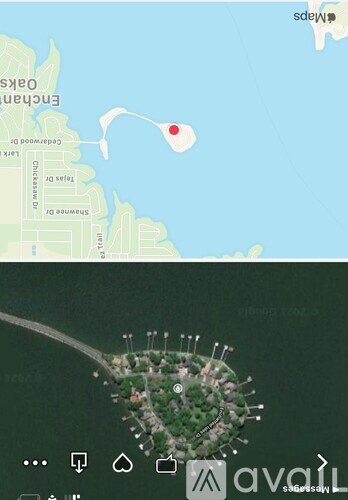 A map with a red dot indicating a location and a satellite image of a green area with a road.