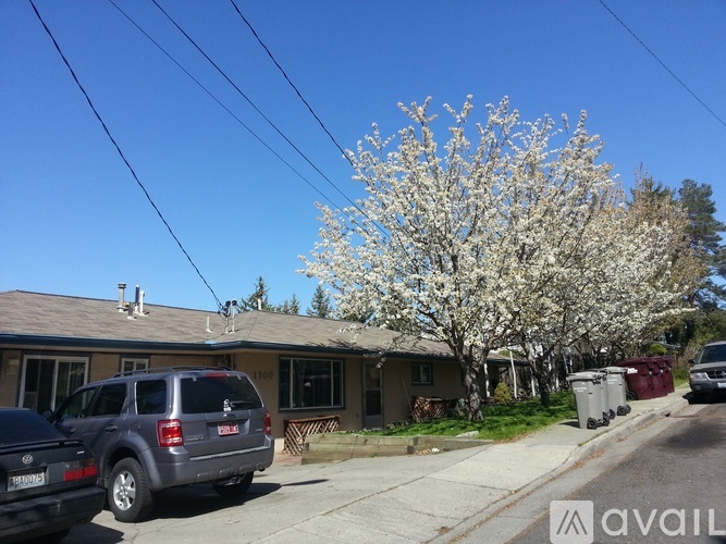 A house with a tree in bloom in front of it.