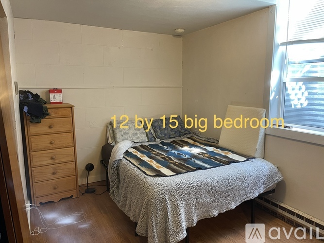 A bedroom with a bed, dresser, and window.