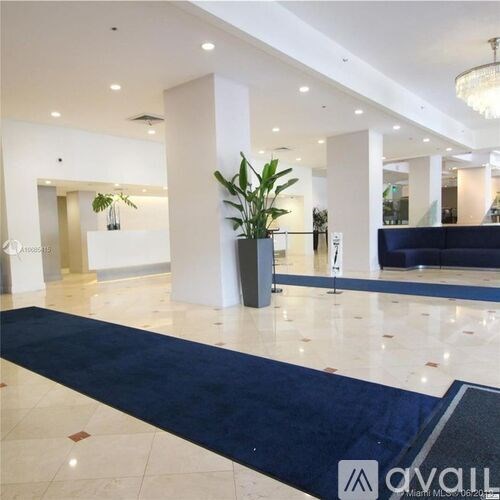 A spacious lobby with a blue carpet and a large plant in a black pot.