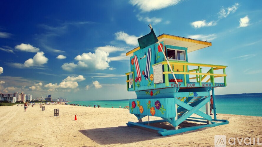 A lifeguard tower on a beach with a clear blue sky.