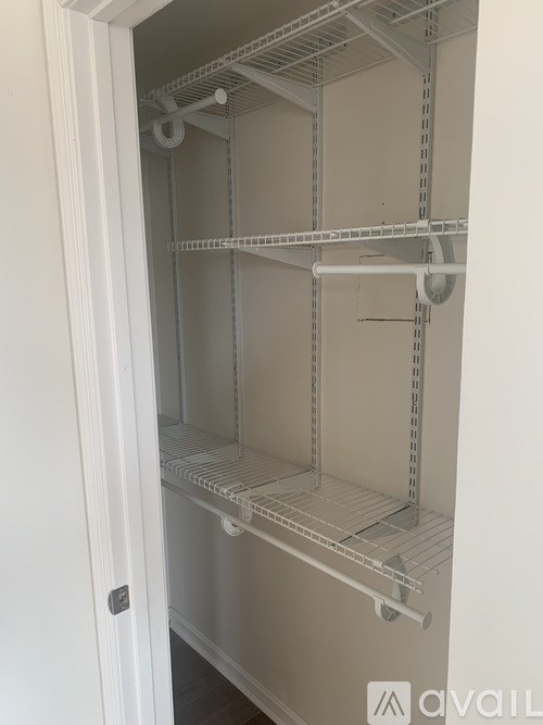 Empty white shelves in a pantry.