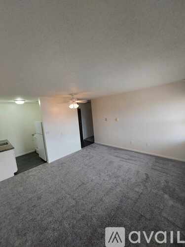 A room with a carpeted floor and a door leading to another room.