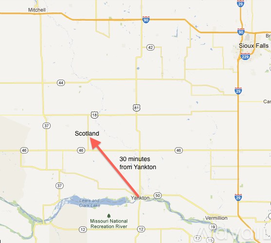 A map shows Scotland is 30 minutes from Yankton.