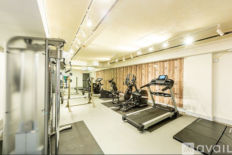 A gym with a variety of equipment including treadmills, weights, and a squat rack.