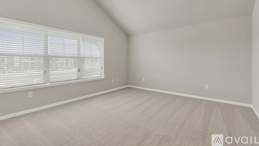 A room with beige carpet and white walls with a window covered in blinds.