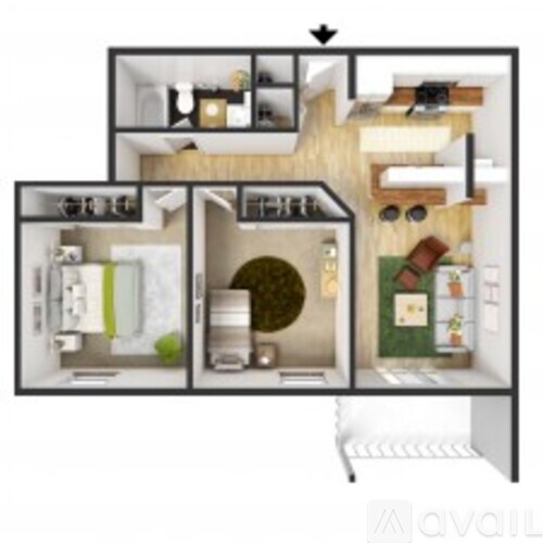 A floor plan of a house with a kitchen, living room, and bathroom.