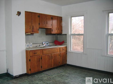 A kitchen with wooden cabinets and a red cushion on the counter.