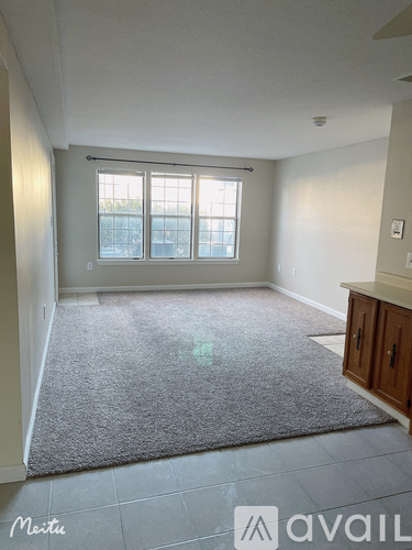 A room with a grey carpet and a window.